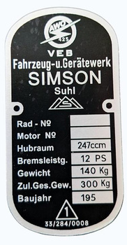 Simson Awo Turist 425 tabliczka znamionowa