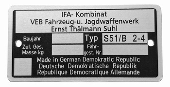 Simson S51/B 2-4 tabliczka znamionowa