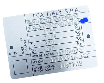Fiat 500 Abarth tabliczka znamionowa tłoczona VIN