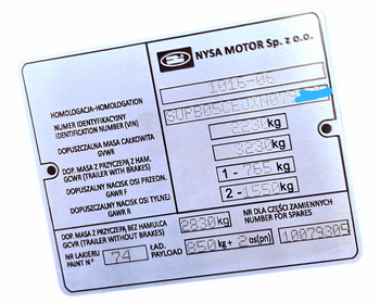 Polonez Truck Nysa Motors tabliczka znamionowa + VIN