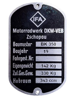 IFA BK 350 tabliczka znamionowa