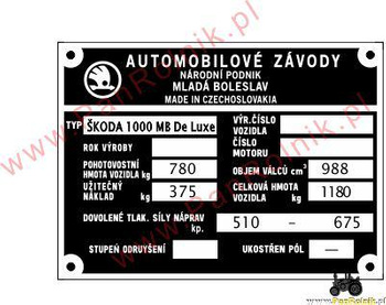 Skoda 1000 MB tabliczka znamionowa