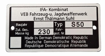 Simson S50 S 50 tabiczka znamionowa