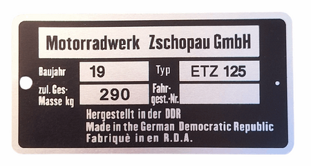 MZ ETZ 125 waga 290 kg tabliczka znamionowa