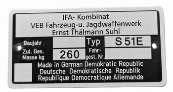 Simson S 51 E tabiczka znamionowa