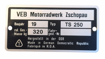 MZ TS 250 tabliczka znamionowa