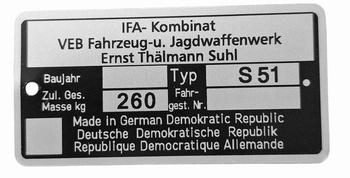 Simson S51 S 51 tabliczka znamionowa