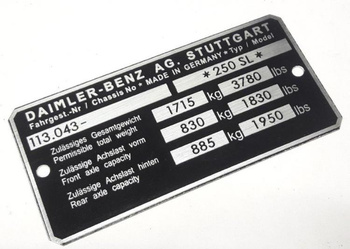 Mercedes W113.043  250 SL waga 1715kg tabliczka znamionowa