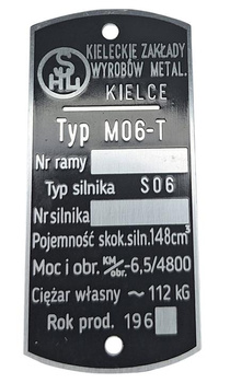 SHL M06-T (silnik S06) waga 112 kg, tabliczka znamionowa