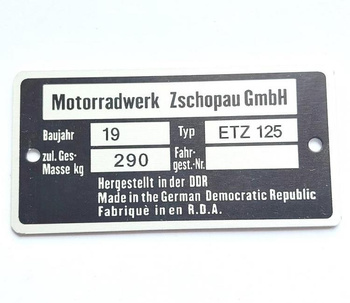 MZ ETZ 125 waga 290 kg tabliczka znamionowa