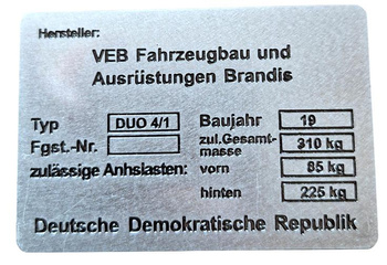 Simson Duo 4/1 VEB Fahrzeugbau tabliczka znamionowa