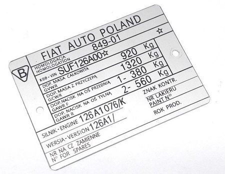 Polski Fiat 126p (Fiat Auto Poland) tabliczka znamionowa