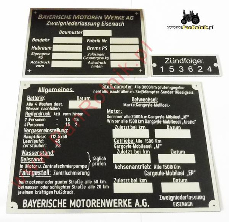 BMW 321 340 tabliczki opisowe komplet