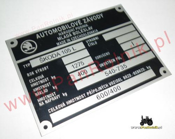 Skoda 105 L- tabliczka znamionowa