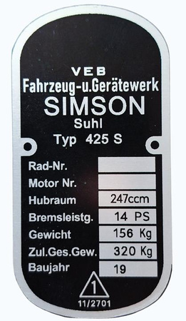 Simson Sport 425 S tabliczka znamionowa