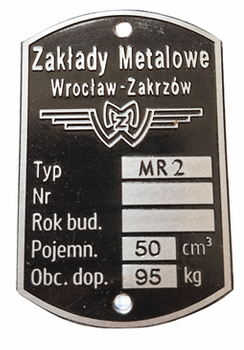 Żak MR2 95 kg tabliczka znamionowa