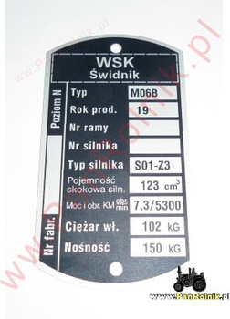 WSK M06B1 (silnik S01-Z3) tabliczka znamionowa Świdnik