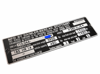 Merdedes W113 280 SL/8 tabliczka znamionowa tłoczona USA
