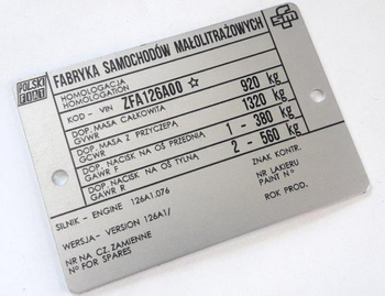 Polski Fiat 126 ZFA126A00 eksport nr.2 tabliczka znamionowa