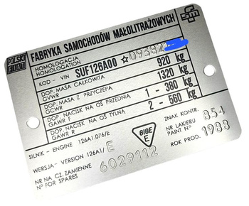 Fiat 126p 1988 rok  tabliczka znamionowa tłoczona tłoczony VIN
