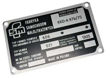 Syrena FSM 105 105L tabliczka znamionowa (typ 606, 1305 kg)