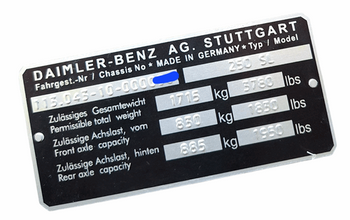 Mercedes W113 250 SL tabliczka znamionowa tłoczona
