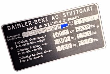Mercedes W113 230 SL tabliczka znamionowa oznaczona