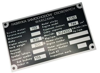 Syrena 103 tabliczka znamionowa-oryginalne wartości