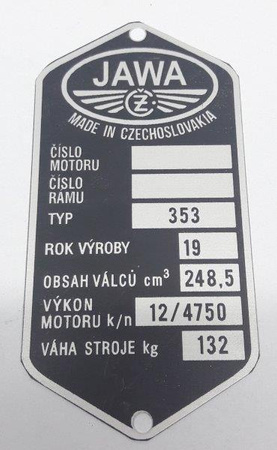 Jawa 250 typ 353 CZ tabliczka znamionowa