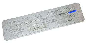 Opel Kadett tabliczka znamionowa + znakowanie