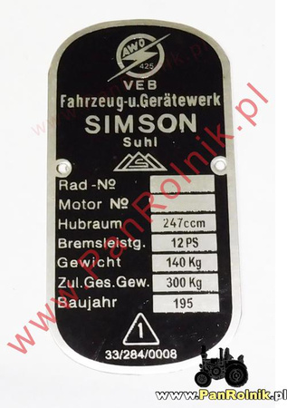 Simson Awo Turist 425 tabliczka znamionowa