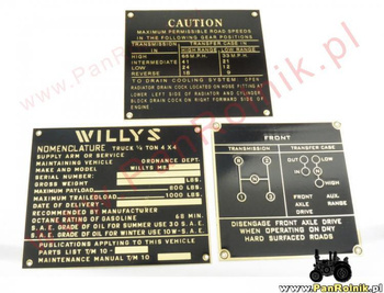 Jeep Willys MB tabliczki znamionowe do kabiny komplet mosiądz