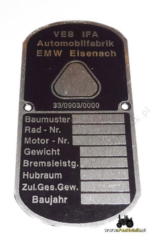 EMW Eisenach VEB IFA tabliczka znaminowa pusta