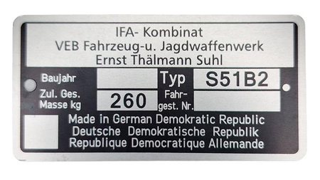 Simson S 51 B2 tabliczka znamionowa