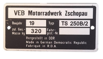 MZ TS 250B/2 tabliczka znamionowa