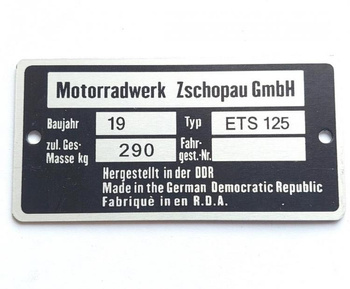 MZ ETS 125 waga 290 kg tabliczka znamionowa