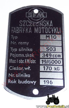 Junak M10 1961-1962 tabliczka znamionowa