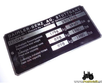 Mercedes Benz W113 280 SL/8 1796 kg tabliczki znamionowa na przedni pas