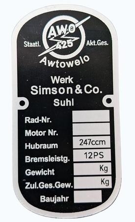 Simson Awo Awtowelo 425 tabliczka znamionowa