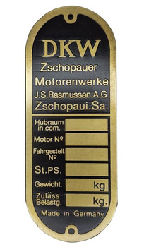 DKW Zschopauer Rasmussen, tabliczka znamionowa
