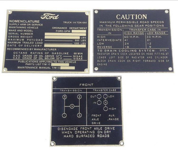 FORD GPW 1/4 ton komplet tabliczek mosiądz