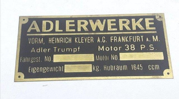 Adler Trumpf 38 P.S tabliczka znamionowa mosiądz