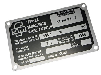 Syrena FSM 105 105L tabliczka znamionowa (typ 606A, 1305 kg)