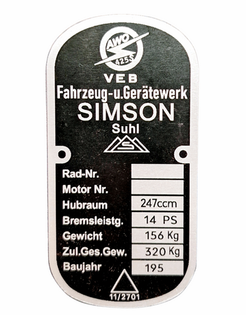 Simson Awo 425  tabliczka znamionowa