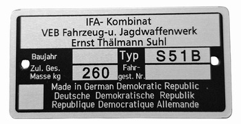 Simson S51B S 51 B tabliczka znamionowa