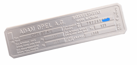 Opel GT tabliczka znamionowa + znakowanie