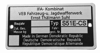 Simson S51E-CS tabliczka znamionowa