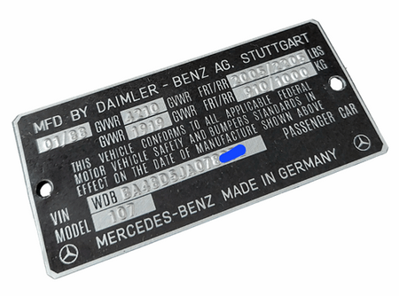Mercedes W107 W1234tabliczka znamionowa USA tłoczona