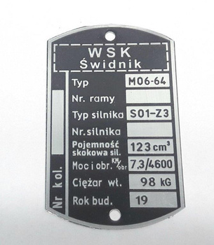 WSK M06-64, M06 64 (silnik S01-Z3, 7,3 KM) tabliczka znamionowa