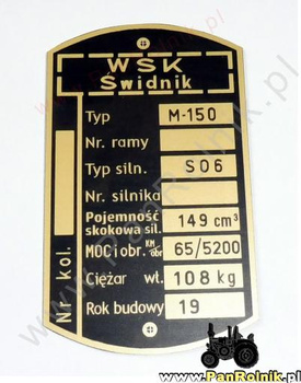 WSK M150 tabliczka znamionowa